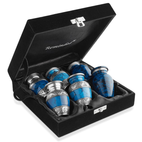 Set of 6 Blue Keepsake Cremation Urns with Velvet Case